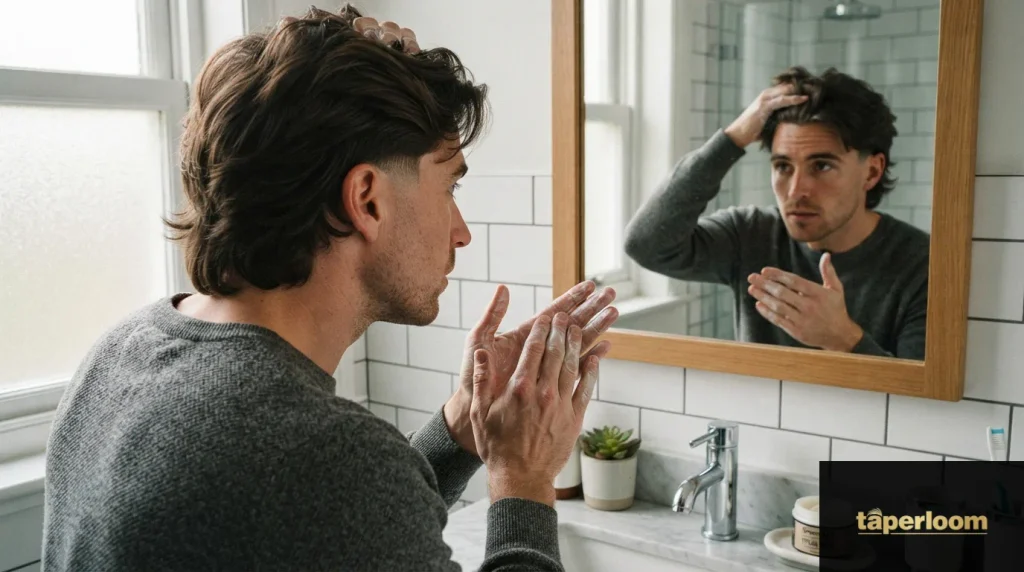Man applying styling cream to long hair with low taper fade