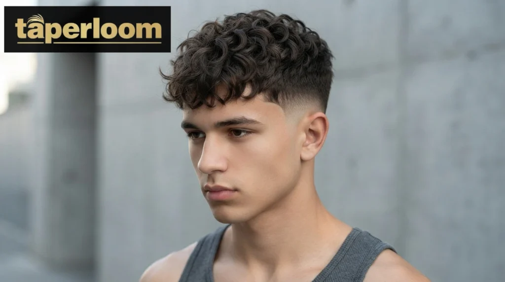 Short choppy textured curly crop with low taper fade