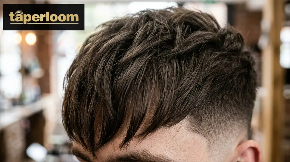 Textured Fringe With Low Taper Fade Close-up of textured fringe hair on top with visible point-cut texture