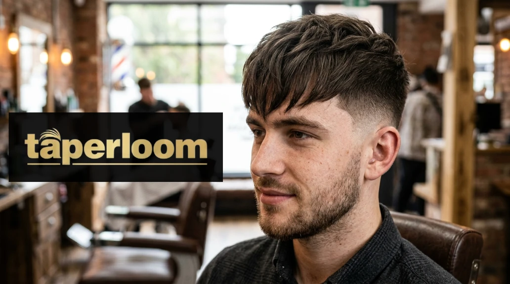 Man with a textured fringe and low taper fade haircut standing in a barbershop