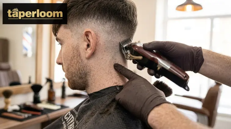 Barber trimming the neckline of a low taper fade during a maintenance haircut