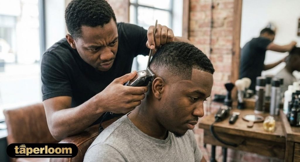 Barber correcting an uneven fade line during a haircut