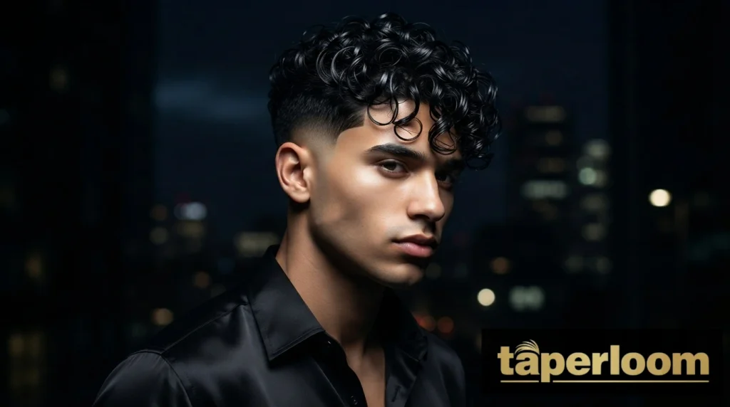 Wet look styled curls with a low taper fade