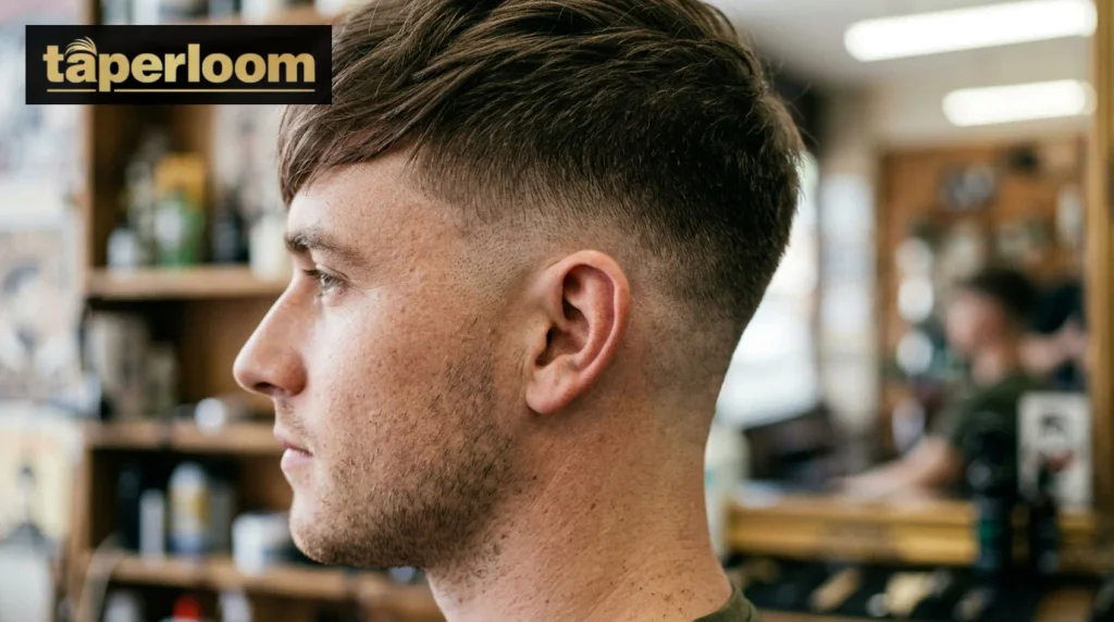 Close-up of low taper fade blending into fringe