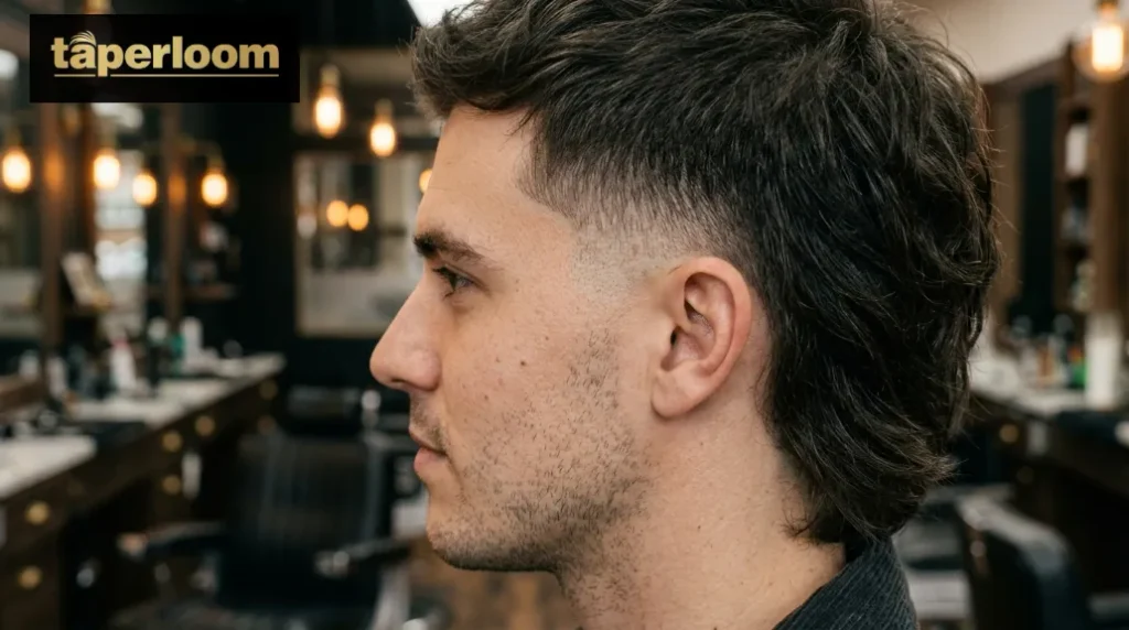 Low Taper Fade Mullet Haircuts Close up of a low taper fade near the ear and neckline