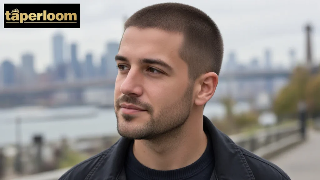 Man with an oval face wearing a 4 guard buzz cut outdoors