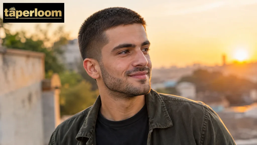 Confident man showing his finished 4 guard buzz cut outdoors