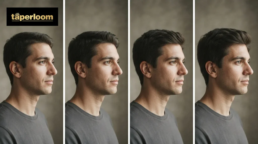 Side by side comparison of 5, 6, 7 and 8 guard buzz cuts on the same head showing length differences
