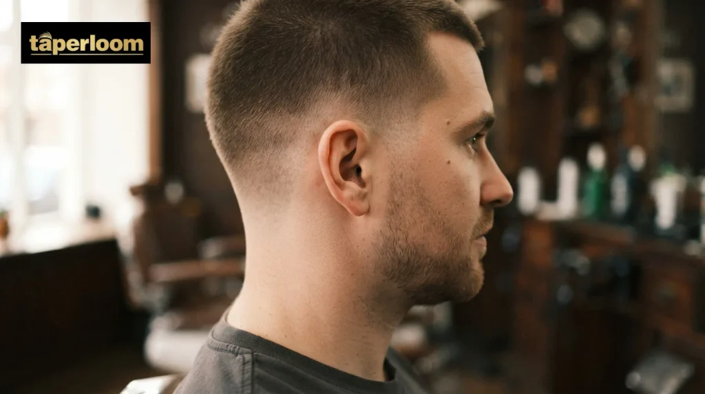 Close up of an 8 guard buzz cut with a low taper around the ear and neckline