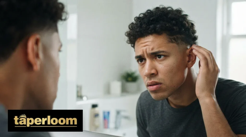 Man checking a mid taper fade haircut that came out higher than intended