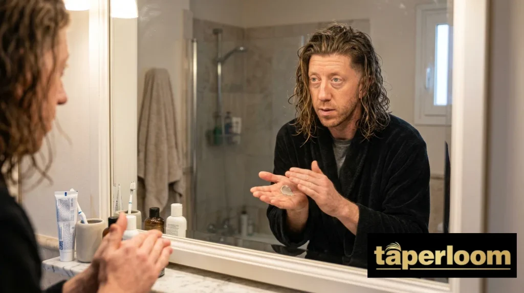 Man rubbing matte clay or paste between his palms before styling his hair.