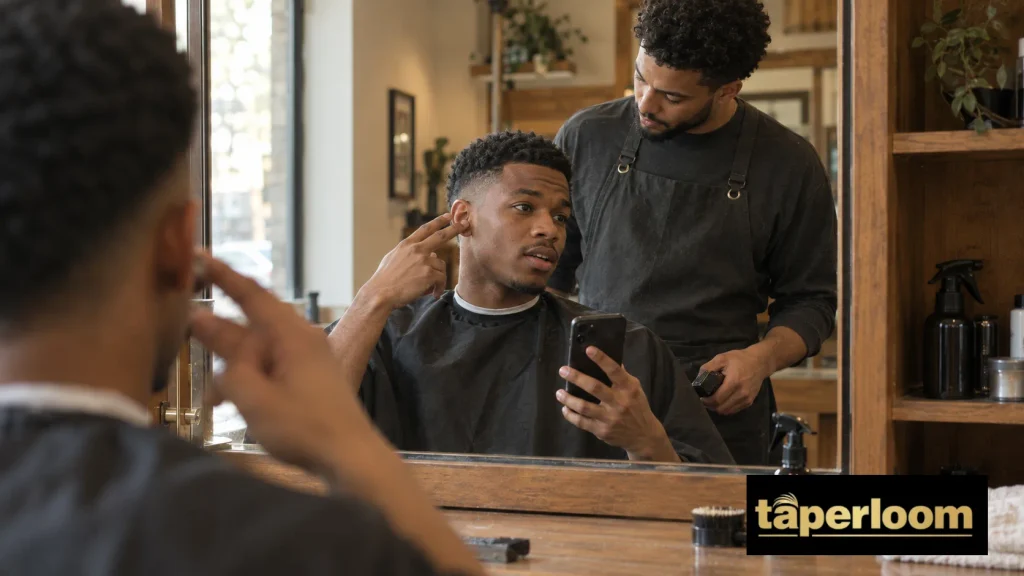 Client explaining a buzz cut taper to his barber in the mirror before the haircut