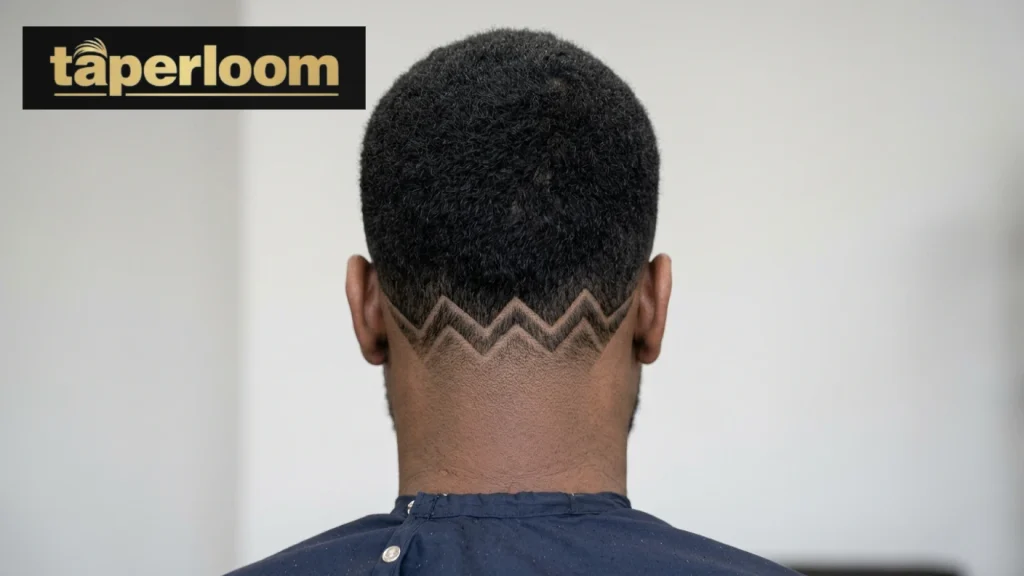 Zigzag and geometric low taper fade designs carved into the back nape area