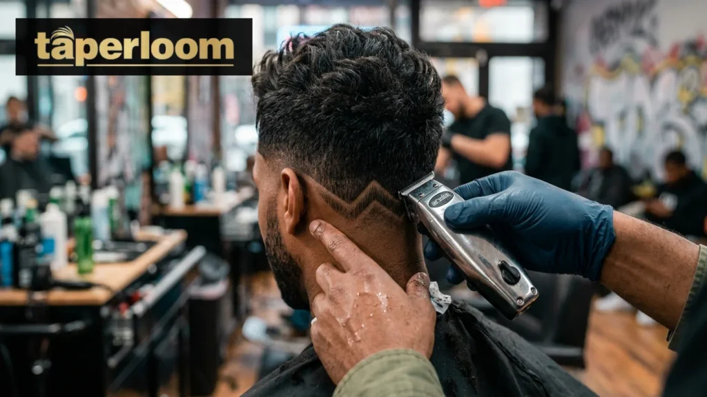 Barber using a T-outliner to carve a design into a low taper fade