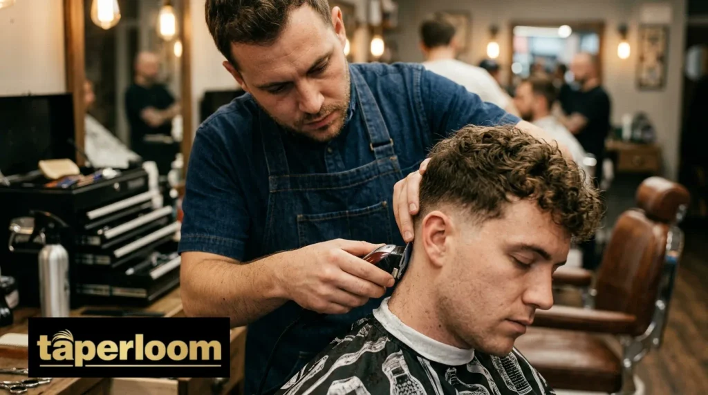 Barber using clippers to maintain a low taper fade line on a client.