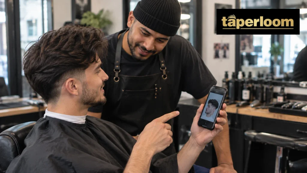 Client showing a reference photo to the barber before a mid taper fade haircut