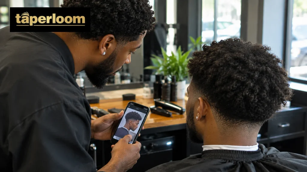 Barber and client discussing a mid taper fade using a reference photo