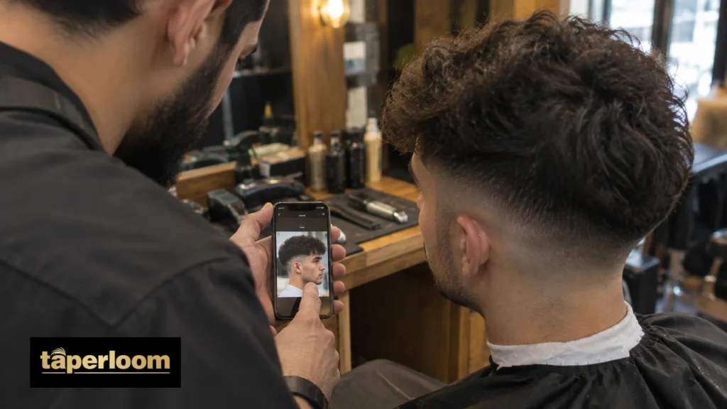 Barber and client looking at a reference photo before starting a mid fade buzz cut