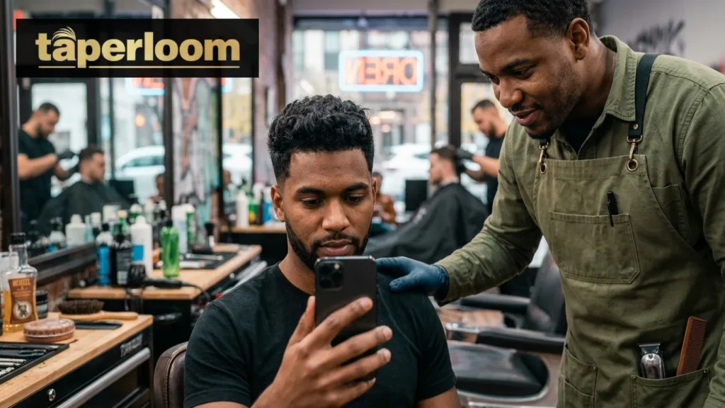Client showing a barber a reference photo before a low taper fade design haircut