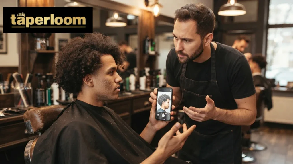 Client showing a barber a reference photo before a mid taper fade curly hair cut