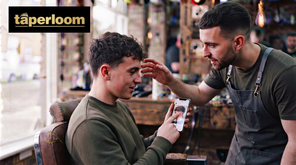 Barber and client discussing a textured fringe mid taper haircut