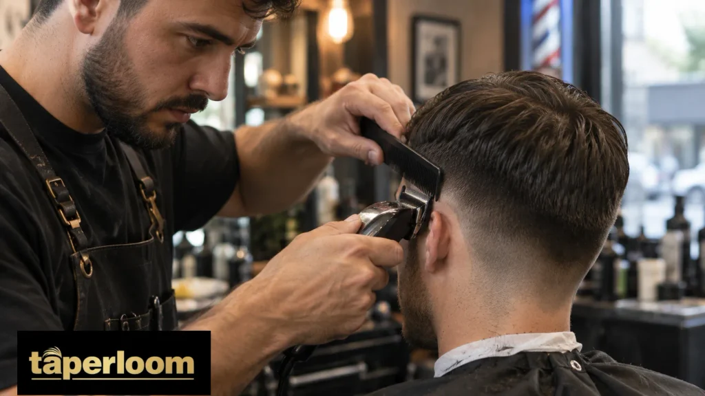 Barber using clippers to cut a classic taper haircut