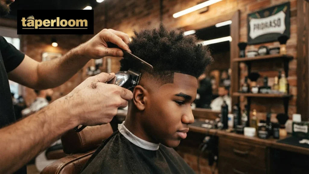 Barber cutting a low taper fade fluffy hair haircut