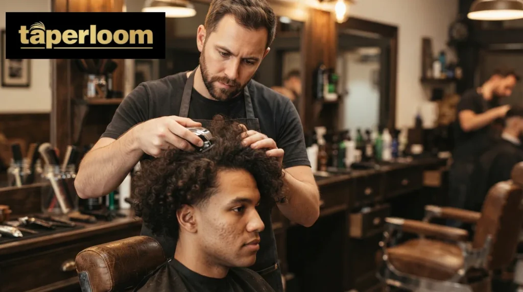 Barber cutting a mid taper fade into curly hair in a barbershop