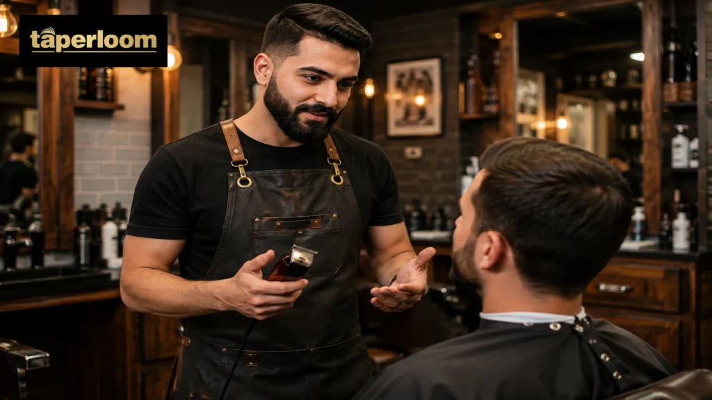 Professional barber discussing low taper fade afro techniques