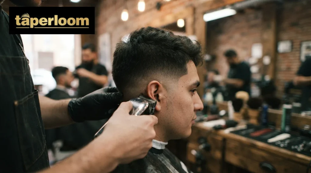 Barber trimming the taper line during a maintenance visit