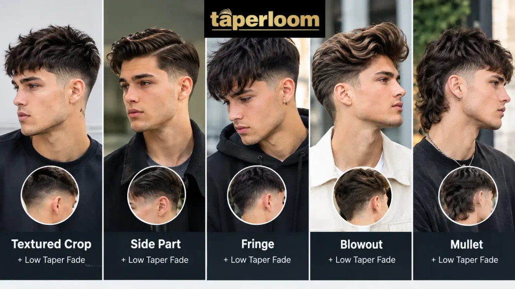 Popular top hairstyles paired with a low taper fade including crop, fringe, and blowout