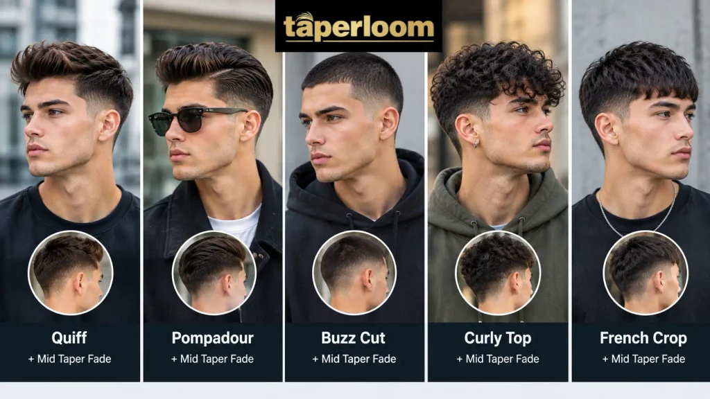 Popular top hairstyles paired with a mid taper fade including quiff, pompadour, and buzz cut