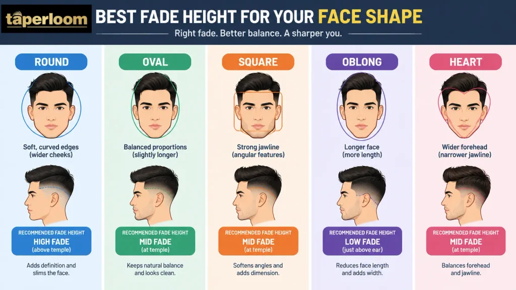 Guide showing which taper fade suits round, oval, square, oblong, and heart face shapes