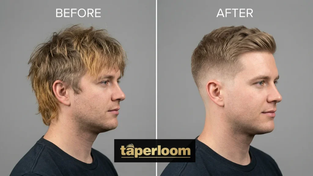 Before and after example of a low taper fade blonde mistake