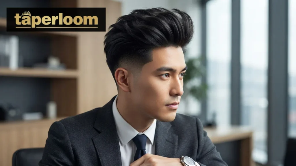 Man with voluminous blowout hairstyle and low taper fade