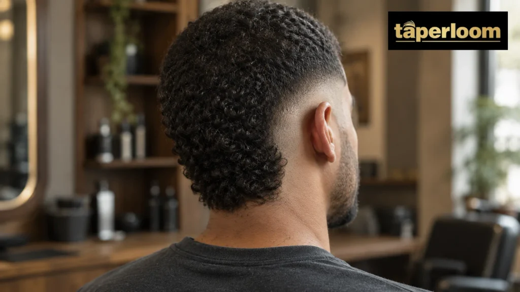 Burst fade buzz cut mullet on curly hair, with the fade curving around the ear and length kept at the nape