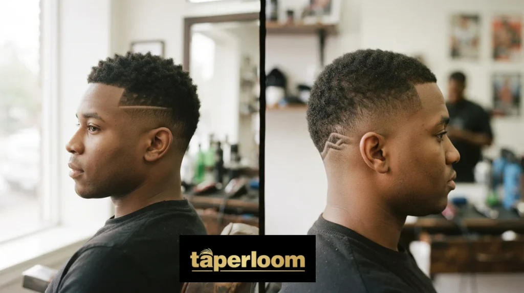 Side by side comparison of burst fade design placement above and behind the ear