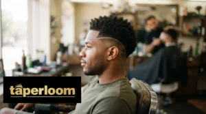 Man with a burst fade design haircut sitting in a barbershop chair
