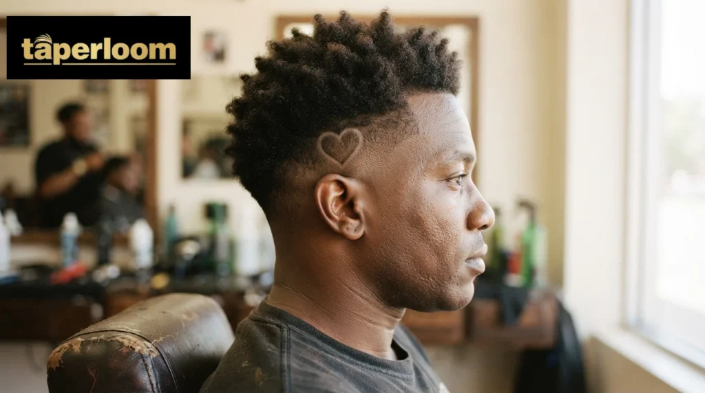 Burst fade haircut with a small shaved heart design