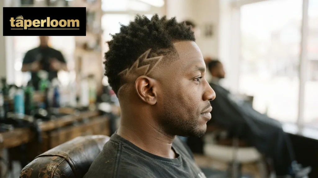 Burst fade haircut with a shaved lightning bolt design