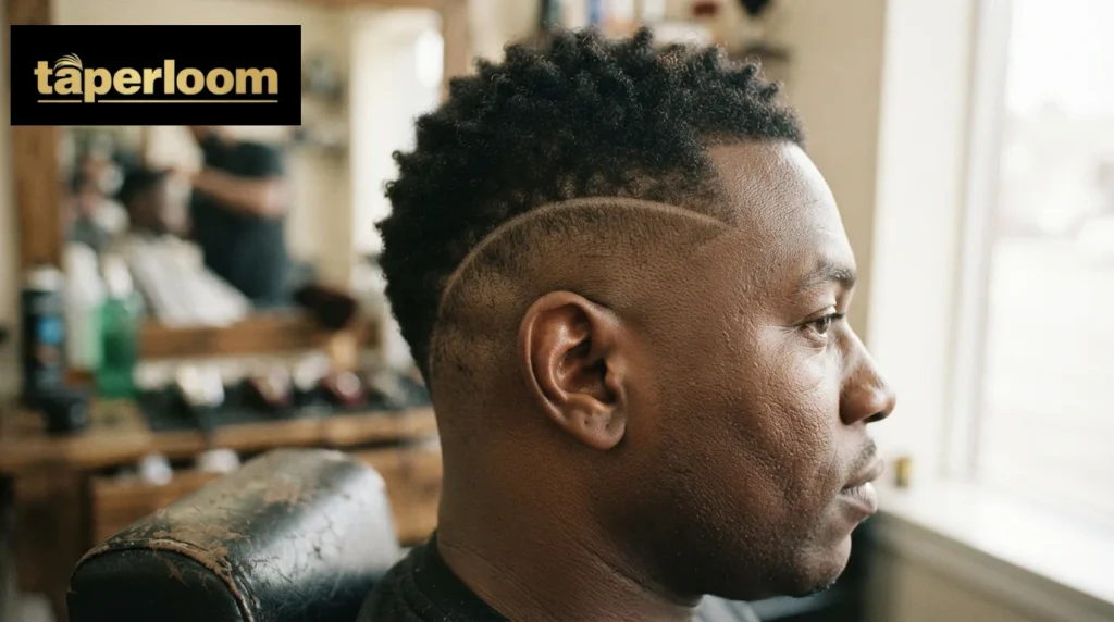 Burst fade haircut with a single shaved line design above the ear