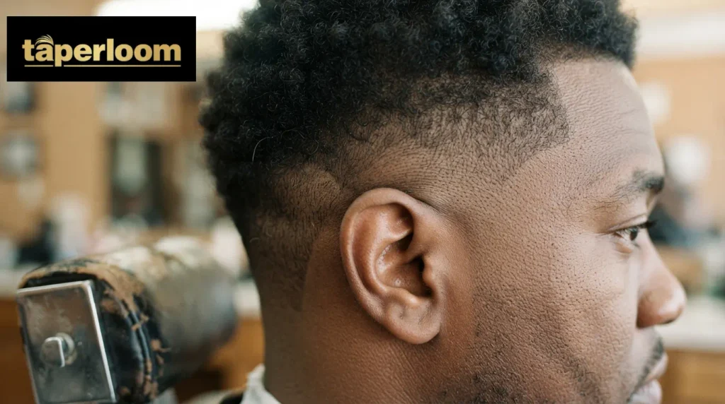 Close up of a burst fade haircut curving around the ear