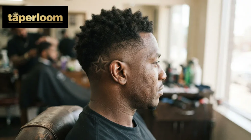 Burst fade haircut with a small shaved star design behind the ear