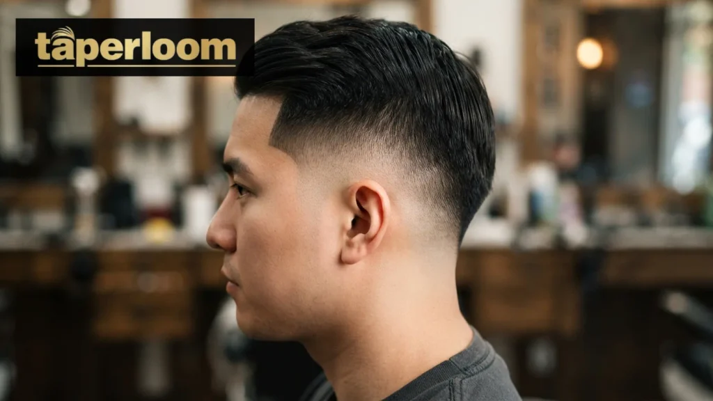 Man showing a burst fade curve around the ear on straight hair