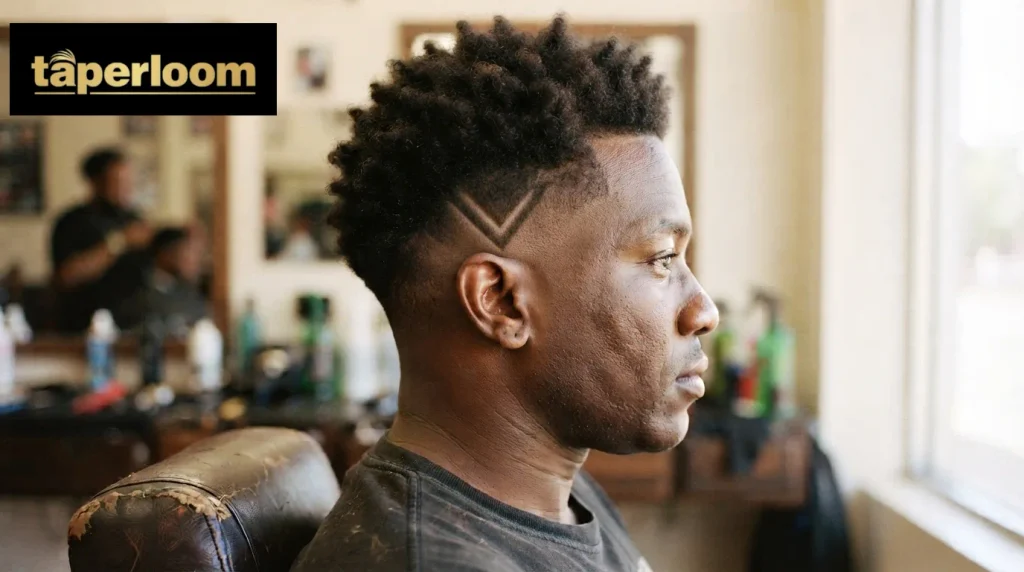 Burst fade haircut with a shaved V design behind the ear