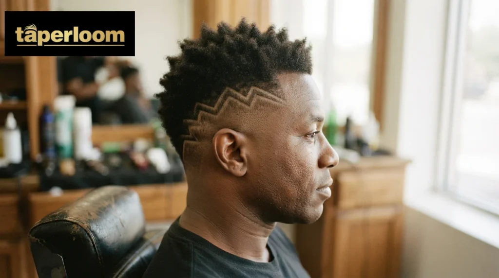 Burst fade haircut with a shaved zigzag pattern design