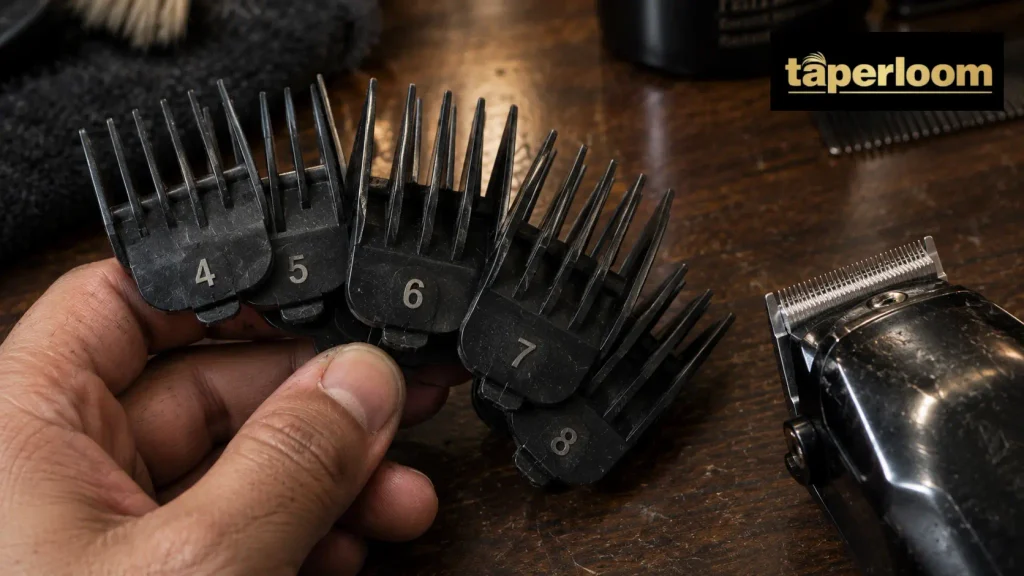 Barber holding numbered clipper guards used for long buzz cut lengths