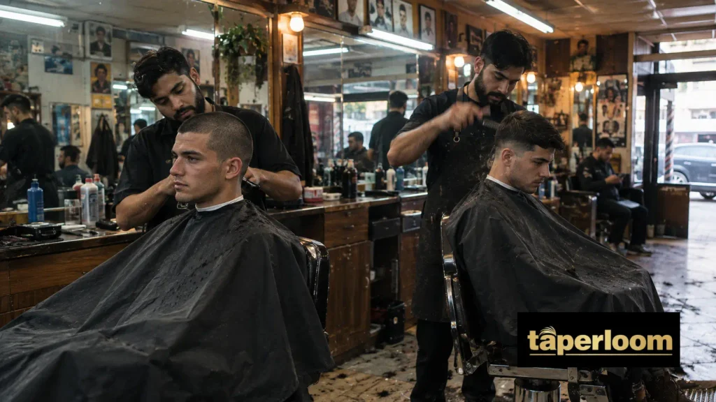 Barbershop scene comparing a uniform buzz cut with a longer crew cut style