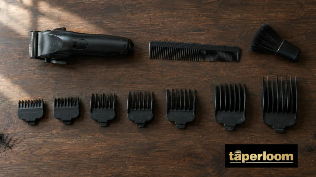 Clipper guards from number 1 to number 8 laid out in order beside a clipper and comb on a barber counter