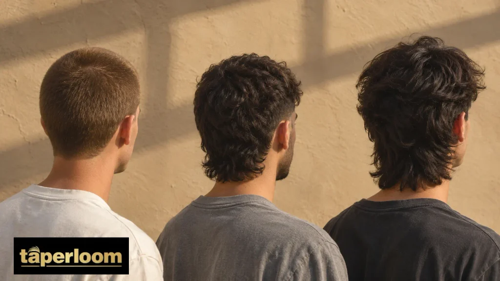 Buzz Cut Mullet Hairstyle Three men seen from behind comparing a regular buzz cut, a buzz cut mullet and a classic mullet side by side